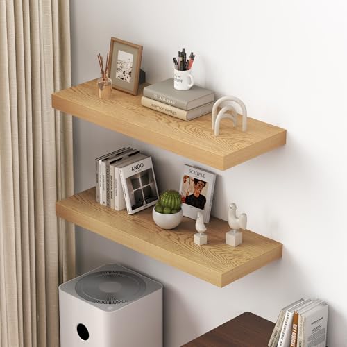 Dreamland 36" Floating Shelves for Wall, 12" Deep Thicker Oak Floating Shelves, Wall-Mounted Shelves for Bedroom, Living Room, Kitchen, Bathroom - Set of 2 - color: Oak, size: 36"W x 12"D x 2"H, Set of 2