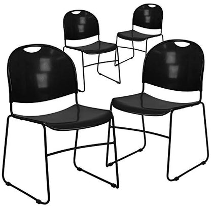 Flash Furniture Hercules Series Plastic Compact Lobby Chairs with Curved Back, Ergonomic Stacking Chairs for Waiting Rooms/Offices, Set of 4, Black | Powder Coated, 880 LBS. Weight Capacity