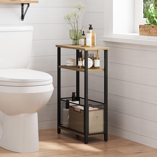 MMEOLUOOK Narrow Side Table with Storage Basket Skinny End Tables for Smalls Spaces 3 Tier Sofa Table Small Nightstand Slim Bedside Table for Living Room Bedroom Greige MLBZ22GR - color: Greige
