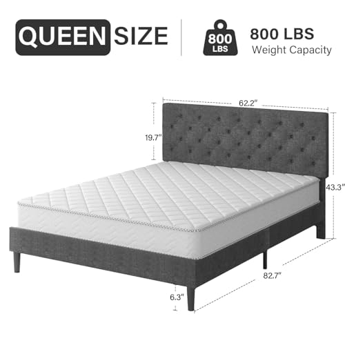 HOMBCK Queen Bed Frame, Grey Linen Fabric Upholstered Bed Frame Queen Size, Wood Slats Support, Button Tufted Design, No Box Spring Needed, Light Grey - color: Light Grey, size: Queen