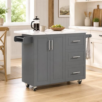 4 EVER WINNER 43" Kitchen Island with Drop Leaf, Rolling Kitchen Island | Modern Design, 4 Wheels, 3 Storage Drawers, Adjustable Shelf, Spice Rack & Towel Rack, Faux Marble Tabletop, Grey - style: Gray