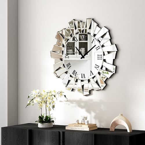 SHYFOY Silver Wall Clock, 24" Large Modern Mirror Clock | Roman Numerals, Luxury Art Wall Decor,Ideal Decoration for Living Room, Bedroom and Dining Room - size: Irregular