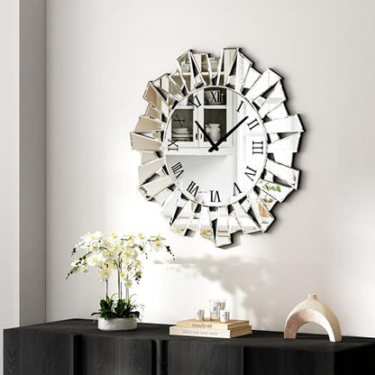 SHYFOY Silver Wall Clock, 24" Large Modern Mirror Clock | Roman Numerals, Luxury Art Wall Decor,Ideal Decoration for Living Room, Bedroom and Dining Room - size: Irregular