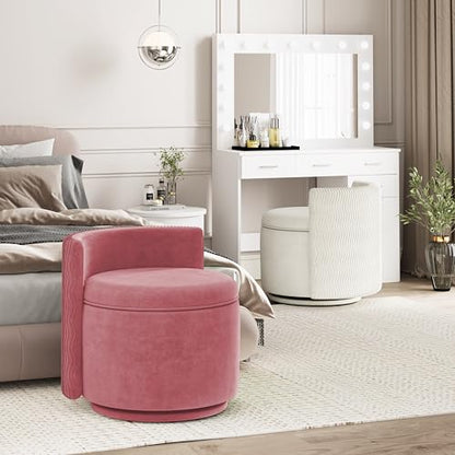 allamazing 360° Swivel Accent Chair with Storage, Vanity Stool with Back, Velvet Storage Ottoman, Upholstered Round Barrel Vanity Chair for Living Room, Makeup Room, Bedroom (Dusty Rose) - color: Dusty Rose