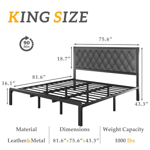 HISOFT King Bed Frame with Upholstered Button Tufted Headboard, Bed Frame Platform Metal Slats Support, Under Bed Storage, No Box Spring Needed, Noise-Free, Easy Assembly, Grey - color: Grey, size: King