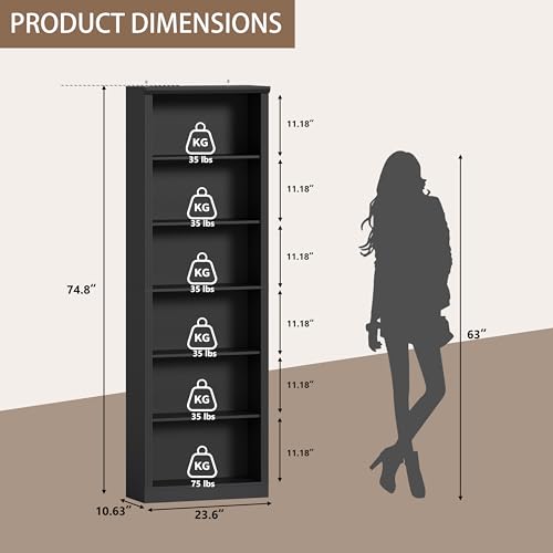 Thacuok Black Bookshelf, 75" Tall Bookcase, 6 Tier Adjustable Storage Shelves, Book Shelf with Anti-Tipping Device, Floor Standing Modern Display Rack for Living Room, Bedroom, Office - color: Black