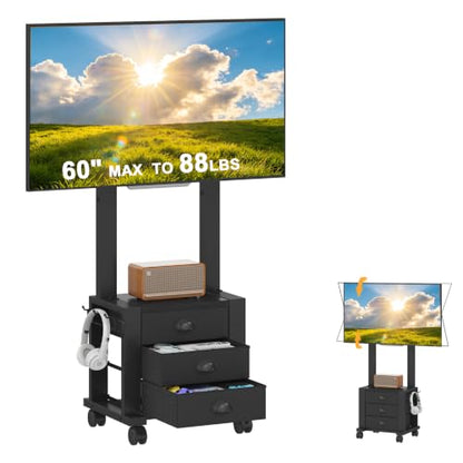 Rolling TV Stand with 3 Drawers for 23-60 Inch TVs with Storage | Hidden Storage, Height Adjustable Tilt Mount, Lockable Wheels, Dual Steel Frame, VESA Compatible for Bedroom & Living Room - size: 3 Drawers