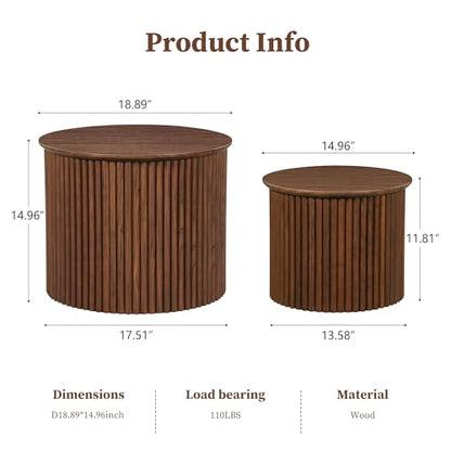 Round Nesting Coffee Table Set of 2, Small Fluted Coffee Table Circle Side Table, Mid Century Modern Wood Nesting Tables Farmhouse End Table Set for Living Room, Bedroom, Small Spaces(Walnut) - color: Walnut, size: Small-Fluted
