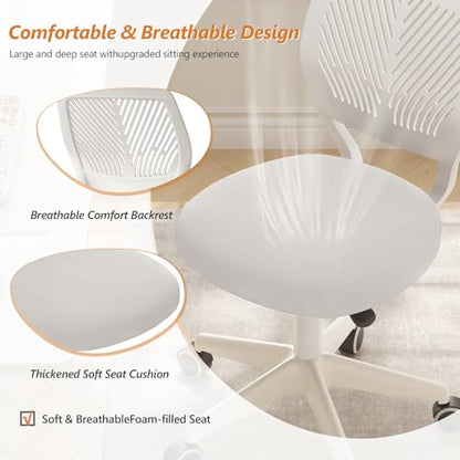 JPBSTO Armless Desk Chair, Height Adjustable Swivel Office Rolling Task Chairs with Soft Mesh Padded Cushion, Ergonomic Small Study Computer Chair for Girls Boys Teens (White, 1PC) - color: White