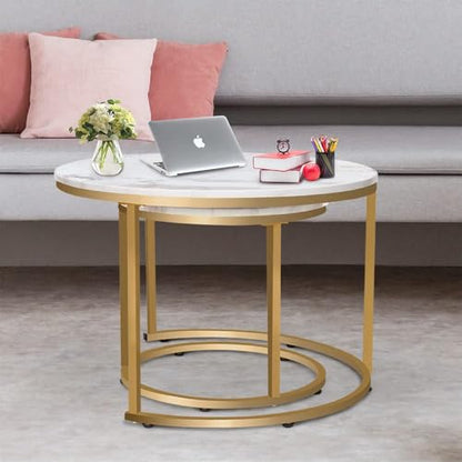 aboxoo Coffee Table Nesting White Set of 2 Side Set Golden Frame Circular Round and Marble Pattern Wooden Tables, Living Room Bedroom Apartment Modern Industrial Simple Nightstand - color: Gold White