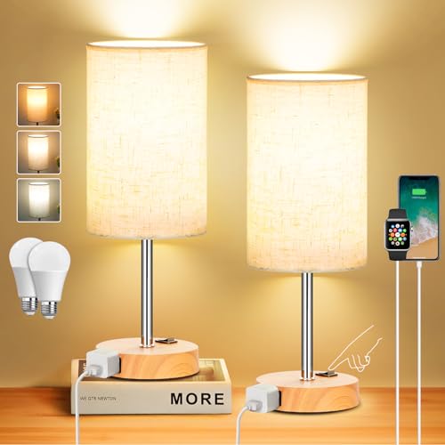ZJOJO Wood Grain Table Lamp Set of 2 for Bedroom,Flaxen Fabric Shade, 14.5" | Bedside Small Lamps,AC Outlet,E26 Bulbs,3 Way Dimmable,Rocker Switch,Nightstand Desk Lamp for Living Room Home Decor Lights - color: Flaxen Fabric Shade Woodgrain Base, size: 14