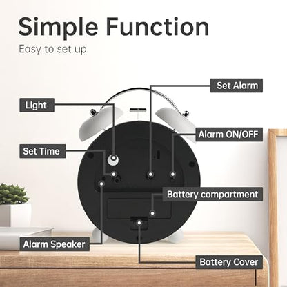 Twin Bell Loud Alarm Analog Alarm Clock, 4 inch Super Silent Non Ticking Small Clock with Night Light, Battery Operated, Simple Design, Old Fashioned, for Heavy Sleeper, Bedroom, Bedside, Desk, White - color: White+twin Bell