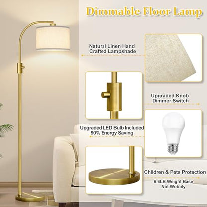 Nintiue Upgraded Modern Arc Dimmable Tall Standing Floor Lamp with Linen Shade, 1200 Lumens LED Bulb Included, for Living & Reading Room, Bedroom, Office & Nursery, Brass - color: Brass-Linen shade