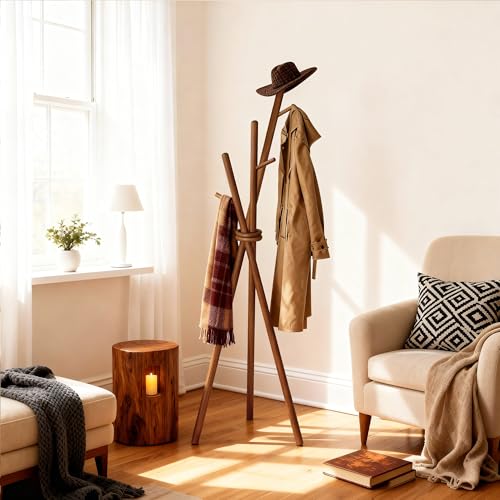 VICITON Wooden Coat Rack, Tripod Coat Tree Freestanding with 3 Hooks for Clothes, Hats and Handbags, Coat Hanger Stand for Bedroom, Living Room, Entryway (Dark) - color: Dark