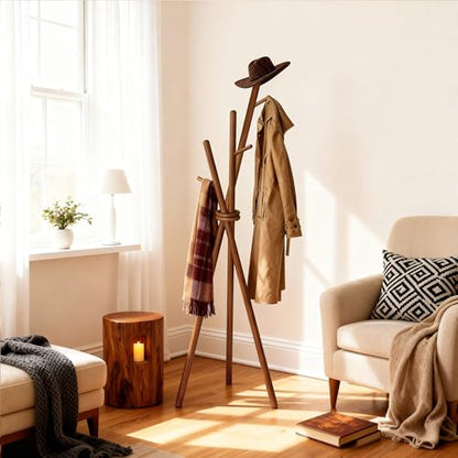 VICITON Wooden Coat Rack, Tripod Coat Tree Freestanding with 3 Hooks for Clothes, Hats and Handbags, Coat Hanger Stand for Bedroom, Living Room, Entryway (Dark) - color: Dark