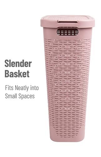 Mind Reader Slim Laundry Hamper with Lid, 40L Clothes Basket, Narrow Tapered Design with Ventilated Cutout Pattern, Plastic, Pink - color: Pink, size: Single