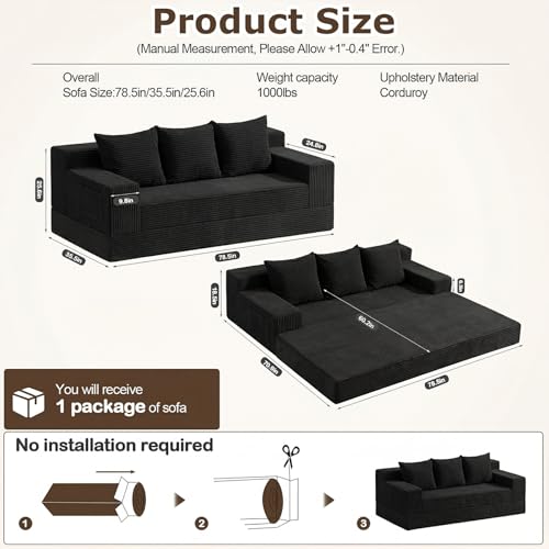 cidludto Convertible Sofa Bed, 78" Oversized Boneless Loveseat Couch 2 in 1 Foldable Futn Bed Couch in A Box, Folding Sofa Chair for Living Room, No Assembly Required, Black - color: Black, size: Three Seat-78''
