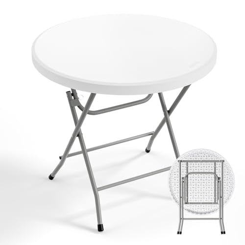 Bonnlo Round Folding Table 32 inch, HDPE Plastic Small Tabletop with Steel Frame Foldable Card Table for Indoor Outdoor Outside Dining, Party and Commercial Event, White - color: White