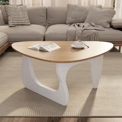 Modern Wood Coffee Table, Triangle Center Table with Premium Wooden Top& Unique Base, 35.5” Small Mid Century Tea Tables for Living Room, Apartment, Office,Natural Wood &White - color: Natural Wood &White, size: Medium 35.5*25.5*15.7in