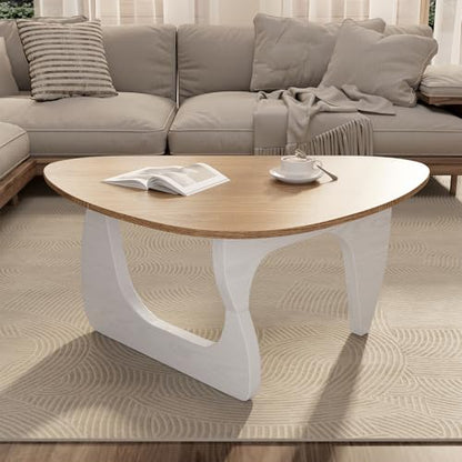 Modern Wood Coffee Table, Triangle Center Table with Premium Wooden Top& Unique Base, 35.5” Small Mid Century Tea Tables for Living Room, Apartment, Office,Natural Wood &White - color: Natural Wood &White, size: Medium 35.5*25.5*15.7in