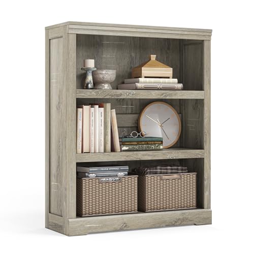 LINSY HOME 3-Tier Bookshelf, Small Wood Display Storage Shelves Farmhouse Bookshelf for Home Office, Living Room, Bed Room - Washed Grey - color: Light Brown, size: 3 Shelf Standard 39"H