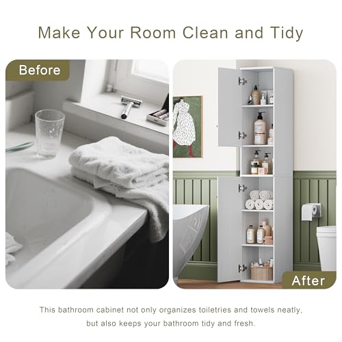 64" Narrow Bathroom Storage Cabinet with Adjustable Shelves and Drawer | 6-Tier Tall Slim Storage Cabinet,Anti-Tip Kit Included,Freestanding Cupboard for Small Spaces, Hallway,White