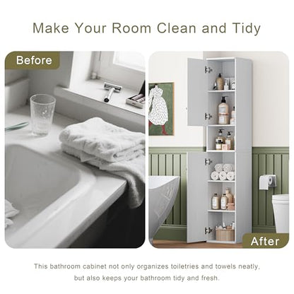 64" Narrow Bathroom Storage Cabinet with Adjustable Shelves and Drawer | 6-Tier Tall Slim Storage Cabinet,Anti-Tip Kit Included,Freestanding Cupboard for Small Spaces, Hallway,White