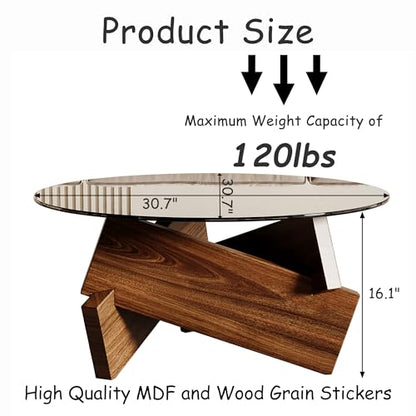 Honyee Modern Round Coffee Table, 30.7" x 30.7" x 16.1" Tempered Glass Top for Living Room, Color: Walnut - color: Walnut