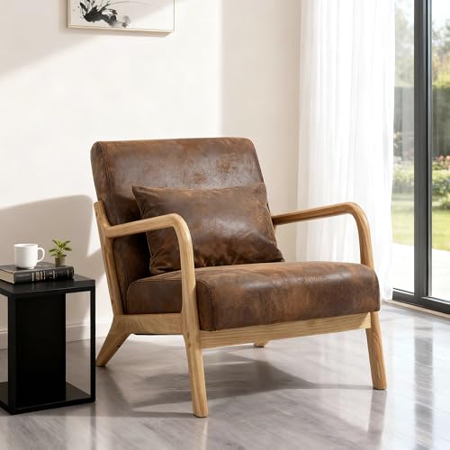 Mid Century Modern Lounge Chair with Wooden Frame & Gold-Embossed Upholstery, Vintage-Inspired Accent Chair with Pillow, Modern Living Room Chair for Stylish Home Interiors - color: Saddle Brown (Faux Leather + Natural Wood), size: 1-Piece