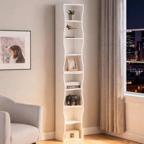 Tall Narrow Bookshelf, 8-Tier Tall Skinny Shelf with Adjustable Shelves, Narrow Bookcase for Small Spaces, 70.87" Slim Bookshelf for Home Office, Easy to Assemble, White - color: A-white