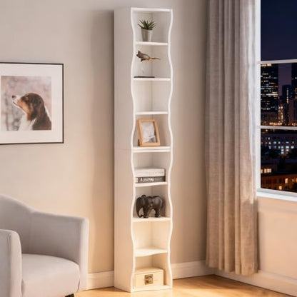 Tall Narrow Bookshelf, 8-Tier Tall Skinny Shelf with Adjustable Shelves, Narrow Bookcase for Small Spaces, 70.87" Slim Bookshelf for Home Office, Easy to Assemble, White - color: A-white