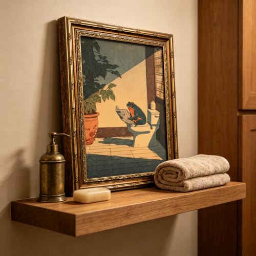 Vintage Gold Framed Wall Art,Funny Frog Bathroom Wall Decor,Cute Japanese Frog in Toilet Canvas Painting,Whimsical Funny Animal Bathroom Prints Artwork for Living Room Powder Room Decor 9x11in - color: Bathroom Frog, size: 11"L x 9"W