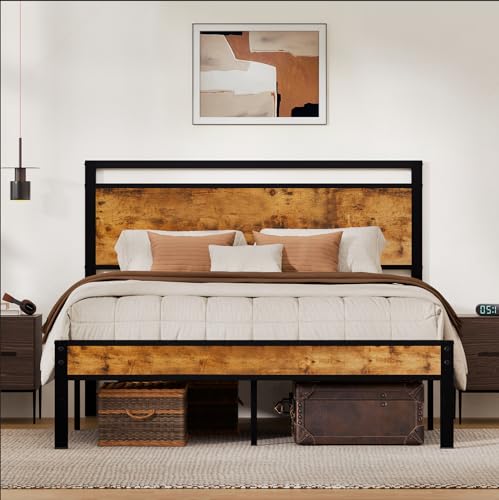 Z-hom Easy Assembly Queen Bed Frame & Headboard Footboard,Underbed Storage | Sturdy Metal Structure,Silent Anti-Slip Support,Under Bed Storage Space,No Box Spring Needed,Modern Bedroom Furniture - color: Vintage Brown, size: Queen