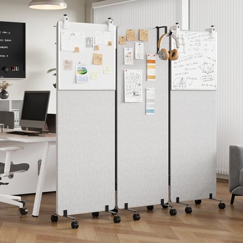 3 Panel Soundproof Room Divider W/Wheels, Office Divider with Whiteboard | 66" H with Detachable Whiteboard/Clips/Hooks/Pushpins,Wheeled Room Dividers, Easy to Move,For Conference Room Partitions - color: Grey, size: 3-Panel-with Board