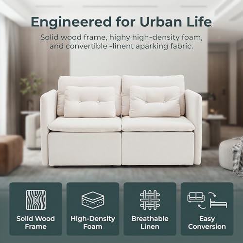 HNY 56.5" Modern Loveseat Sofa, Beige | 2-Seat Button Tufted Love Seat, Deep Seat Chenille Fabric With Pillow, Small Couch for Bedroom, Apartment, Home Furniture - color: Beige, size: Loveseat