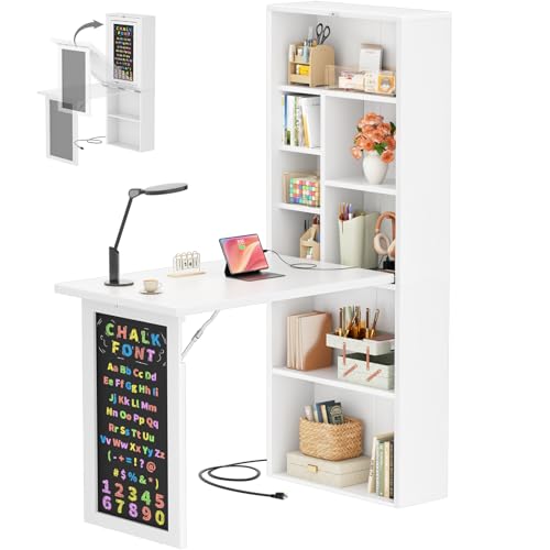 Small Folding Desk with Outlets, Fold-Out Murphy Desk Craft Table | Foldable Wall Mounted Desk Cabinet with Storage, Craft Cabinet with Fold Out Table, Multi-Function Desk for Small Spaces - color: White