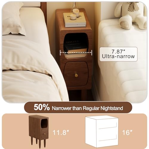 Slim Nightstand with Drawer, Modern Walnut Bedside Table for Small Spaces | Slim Nightstand with Drawer and Open Storage, Modern Walnut Wood Design for Bedrooms Apartments and Small Spaces