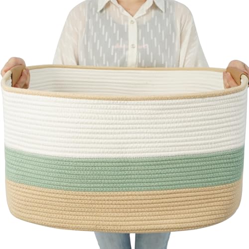 Large Woven Basket, 108L Rectangular Woven Storage Basket with Leather Handles, Stylish Organizer Bin for Home, Office, Laundry, Toys, or Blankets, 25’’*16’’*16’’ White & Green & Jute - color: White & Green & Jute, size: 108L