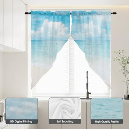 zokyer Short Coastal Swag Curtains, Beach Theme, 28" W x 36" L, Rod Pocket | 2 Panels, Hawaiian Tropical Nautical Seascape, S-ummer Blue Sea Sky Ocean Landscape, Sand Small Mini Kitchen Drapes Decor - size: 28"W x 36"L (Pack of 2)