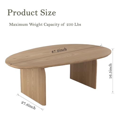 Honyee Oval Coffee Table, 47.2" Wood Coffee Table for Living Room, Modern Wooden Center Table with Solid Wood Veneer Legs, Sturdy Rounded Edge Design, Easy Assembly, Apartment Friendly, Natural - size: 47.2 inches x 27.6 inches x 16.5 inches