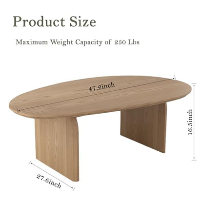 Honyee Oval Coffee Table, 47.2" Wood Coffee Table for Living Room, Modern Wooden Center Table with Solid Wood Veneer Legs, Sturdy Rounded Edge Design, Easy Assembly, Apartment Friendly, Natural - size: 47.2 inches x 27.6 inches x 16.5 inches