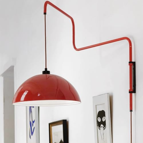 Modern Swing Arm Wall Sconce Plug in Red Wall Lamp Dome Shade | Dome Shade Long Arm Wall Mounted Reading Light for Bedroom Dining Room - color: Red