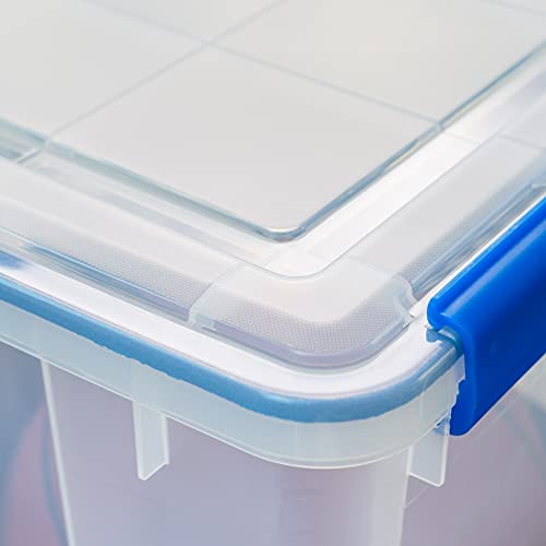 IRIS USA 3-Pack 74 Qt Storage Bins with Gasket Lids, Clear/Blue | WeatherPro seal helps protect bulky items for moving, garage, attic and basement storage - size: 74 Qt. - 3 Pack