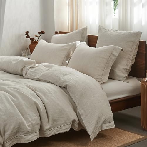 Simple&Opulence 100% Washed Linen Duvet Cover Set with Embroidered,3 Pieces Soft Farmhouse Comforter Set with Button Closure,1 Duvet Cover and 2 Pillowshams(Queen,Natural Linen) - color: Embroidery Linen, size: Queen
