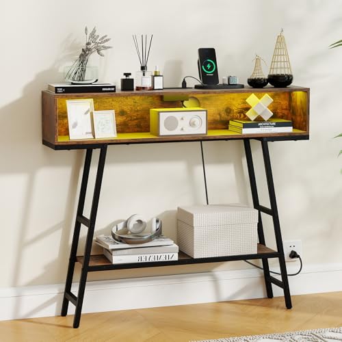 GIANTEX Modern Console Table with Charging Station & LED Lights | 40" Entryway Table w/ Storage Shelves, 3-Tier Display Shelf for Small Space, Sofa Table for Living Room, Rustic Brown + Black - color: Rustic Brown