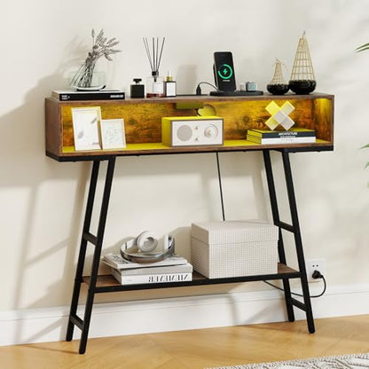 GIANTEX Modern Console Table with Charging Station & LED Lights | 40" Entryway Table w/ Storage Shelves, 3-Tier Display Shelf for Small Space, Sofa Table for Living Room, Rustic Brown + Black - color: Rustic Brown