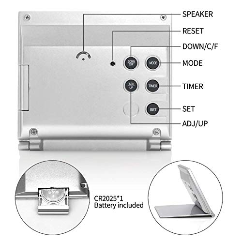 Betus Digital Travel Alarm Clock - Foldable Calendar Temperature Timer LCD Clock with Snooze Mode - Large Number Display, Battery Operated - Compact Desk Clock(Silver, No Backlight) - color: Silver