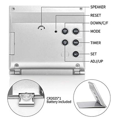Betus Digital Travel Alarm Clock - Foldable Calendar Temperature Timer LCD Clock with Snooze Mode - Large Number Display, Battery Operated - Compact Desk Clock for All Ages (Silver Pack of 2) - color: Silver Pack of 2
