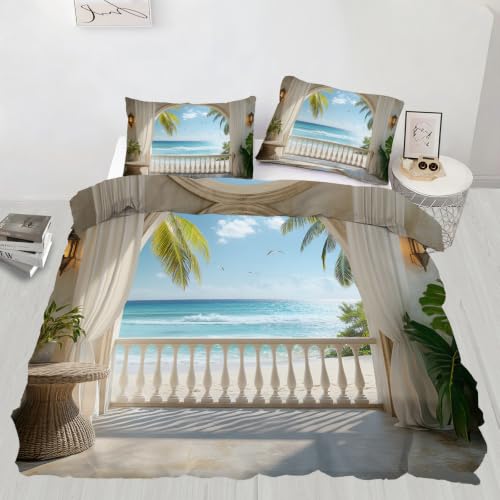 Coastal Duvet Cover Cal King Arch Balcony Bedding Sets | Tropical Palm Leaf Comforter Set, Zipper & Ties, Turquoise Ocean Duvet Cover & 2 Pillow Cases, Reversible Print - color: Arch Balcony, size: California King (98 x 104 in)