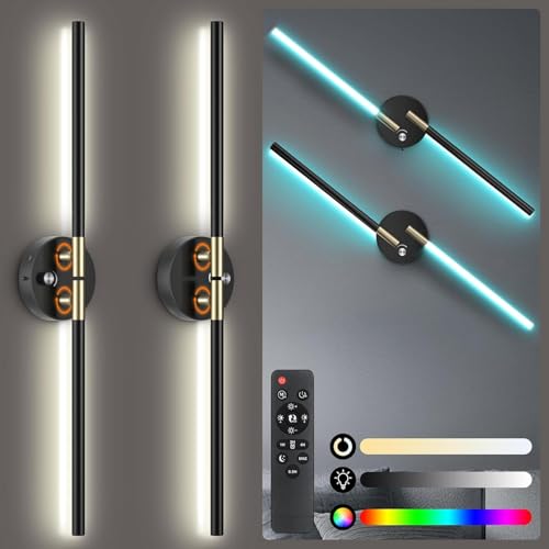Battery Operated Wall Sconce with 360°DIY Independently Rotate Lamp,Wireless Magnetic Wall Lights with Remote,Timer,Dimmable 3000K-6500K,RGB Wall Sconces Decor for Bedroom,Living Room10000mAh - size: RGB-28.5 inch (Black - 2 Pack)